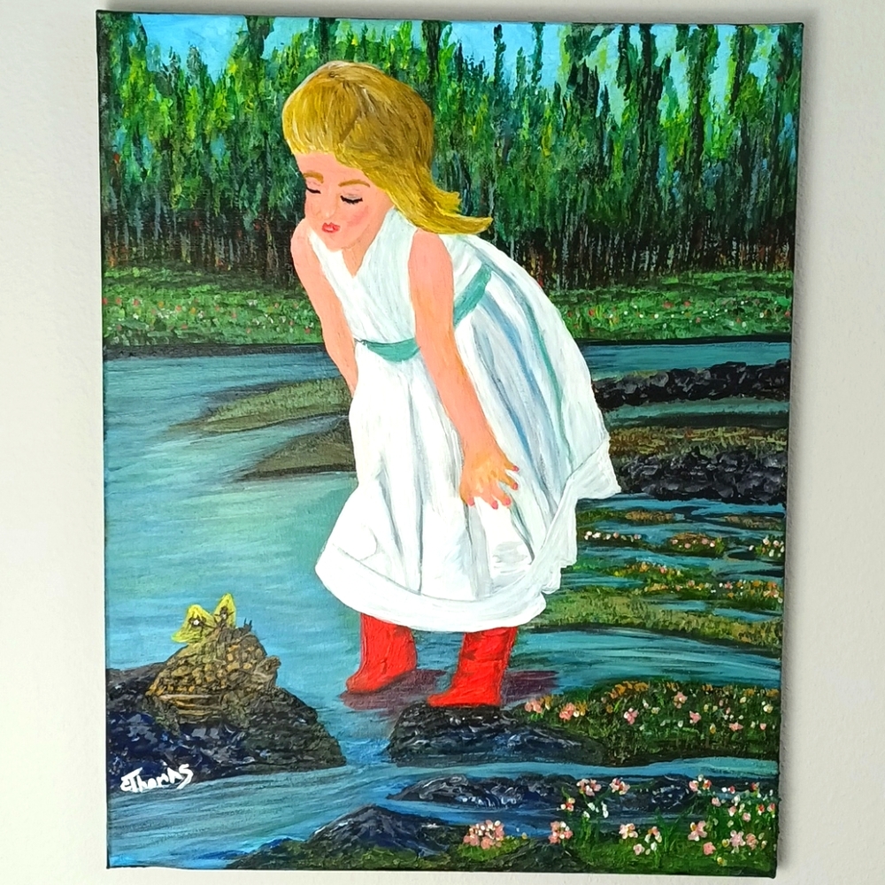 Cute Girl Looking at Turtle- Acrylic Painting